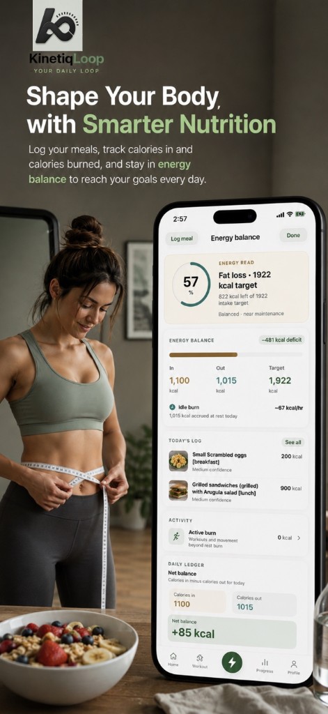 KinetiqLoop energy balance and calorie tracking dashboard with meal logging