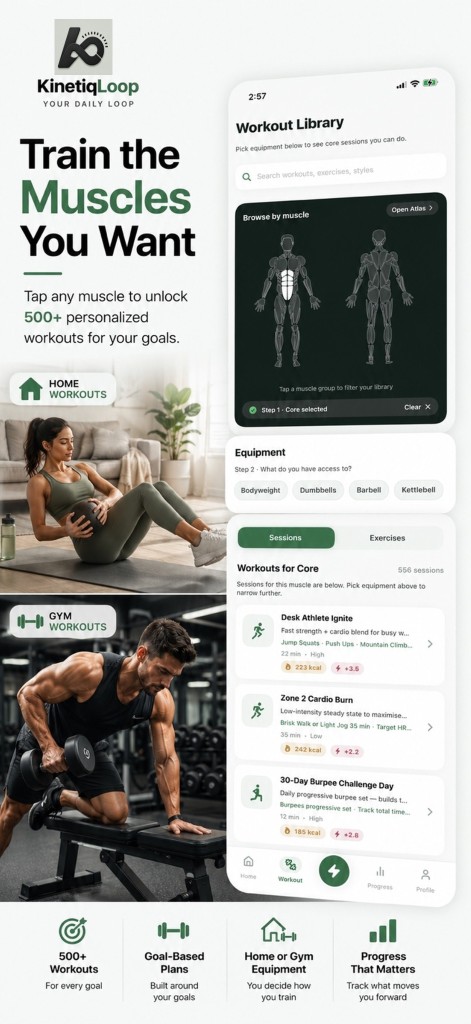KinetiqLoop muscle map and workout library with goal-based strength training sessions